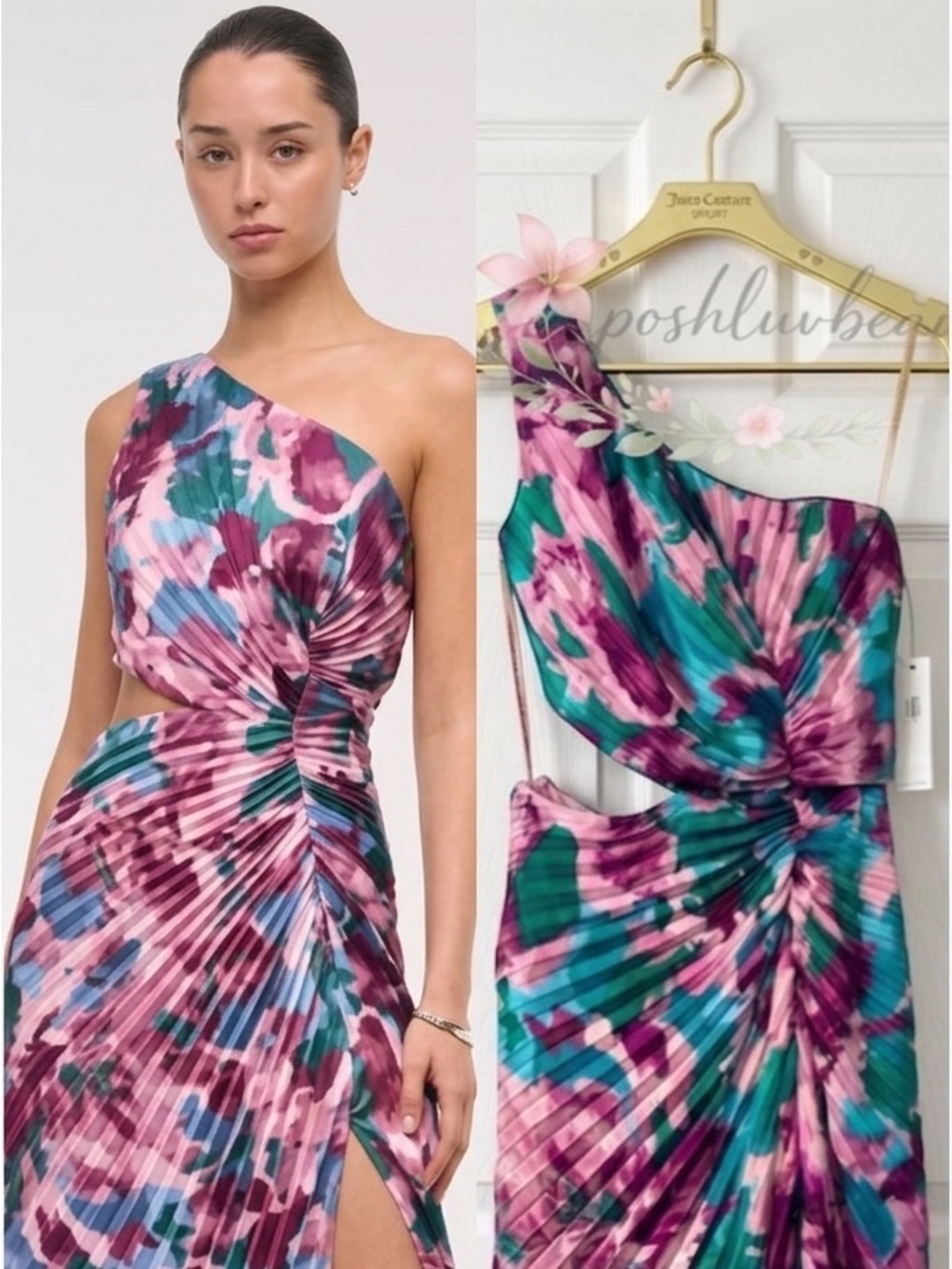 NWOT! Abercrombie One Shoulder Printed Dress With Side Slit/Ruching - Picture 2 of 8